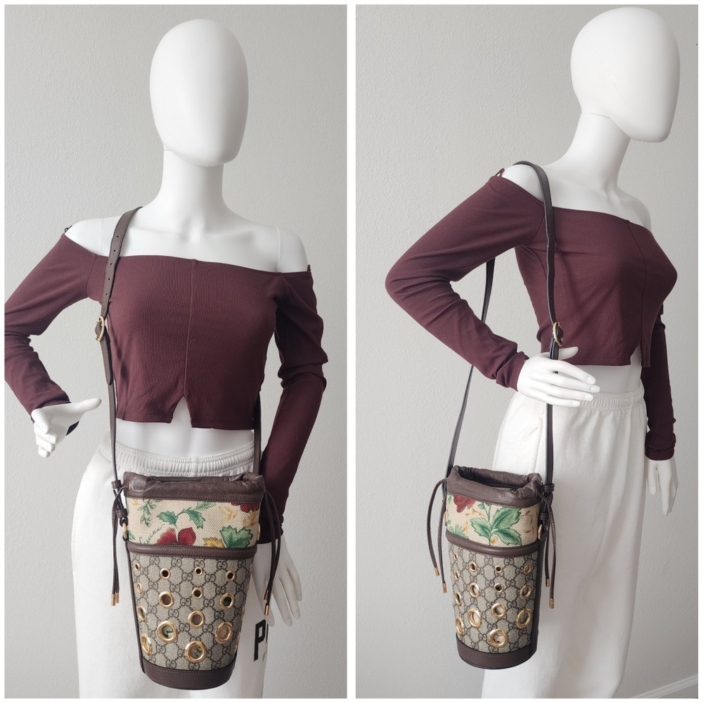 Auth RARE Gucci GG Floral Canvas Leather Bucket Crossbody Bag - Picture 4 of 9